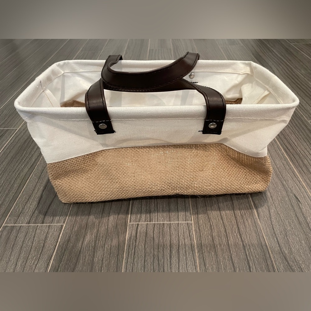 White and Tan Canvas Gift Tote with faux Brown Leather Handles